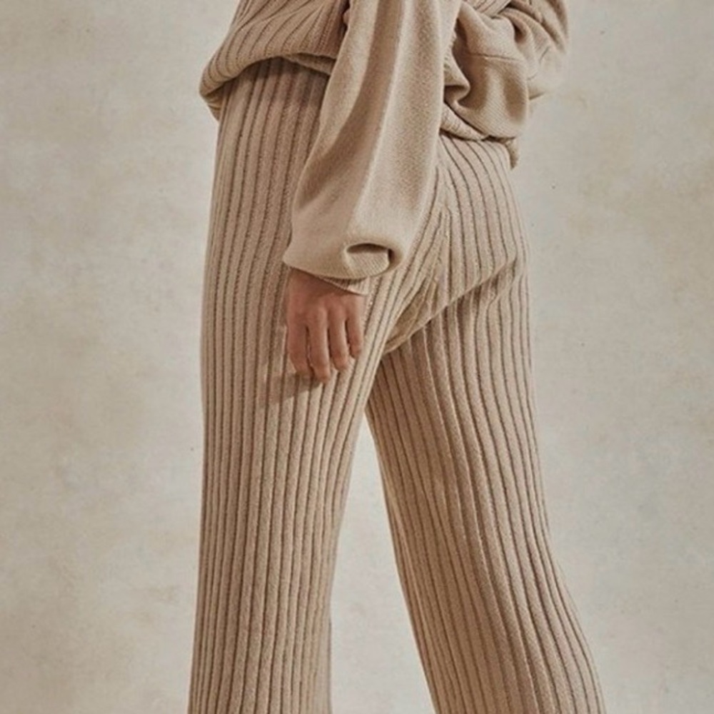 Revolve “SNDYS Everyday” Ribbed Knit Wide-Leg Pants - Beige